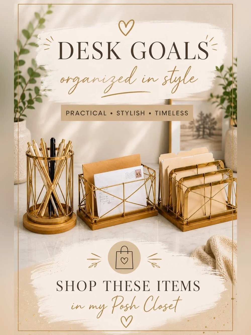 Gold Metal & Bamboo Desk Organizer Set – Modern Office Accessories